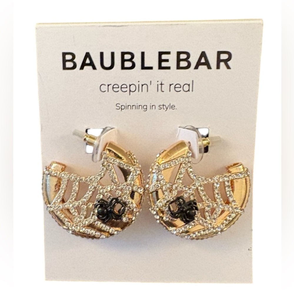 BAUBLEBAR “Creepin it Real” Rhinestone Spider Web/Spider Gold Hoop Earrings NEW